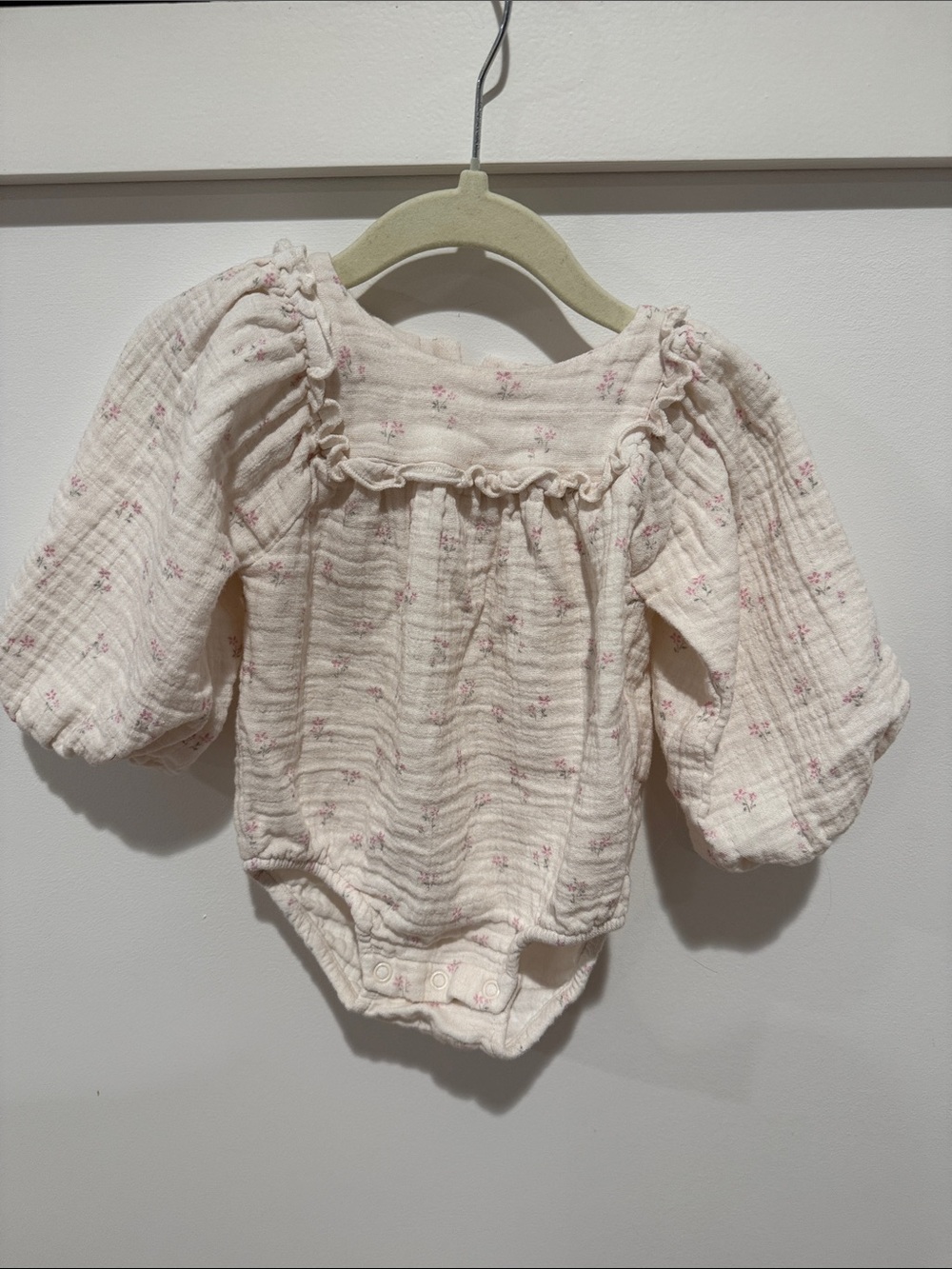 Jamie Kay Cream and Pink Floral One-Piece Bodysuit with Puff Sleeves